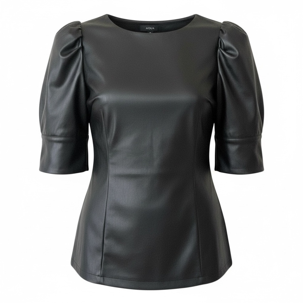 AQUA faux leather top black short‎ sleeve Size Small
